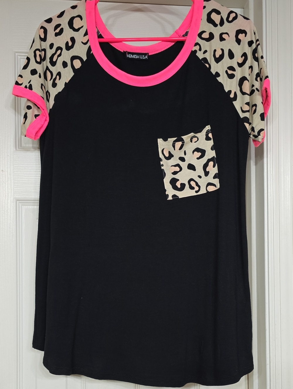 HEIMISH USA Black Tee with Leopard Sleeve & Neon Pink Trim